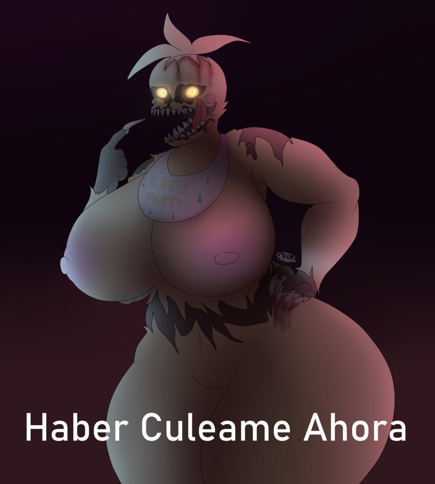 anthro ass avian big_breasts big_butt bird black_sclera blood bodily_fluids breasts chicken curvy_figure female five_nights_at_freddy's five_nights_at_freddy's_2 galliform gallus_(genus) hand_on_butt hi_res long_teeth looking_at_viewer nipples phasianid photolol.03 scottgames simple_background solo spanish_text text thick_thighs tongue tongue_out toy_chica_(fnaf) wide_hips yellow_eyes