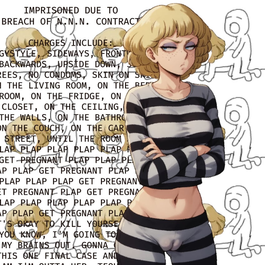 belly belly_button blonde_hair blue_eyes cameltoe crossed_arms desert_rose english_text eyeliner eyeshadow female fingerontheejectbutton freckles irene_sanders makeup meme midriff navel no_nut_november pouting prison_uniform puffy_pussy text