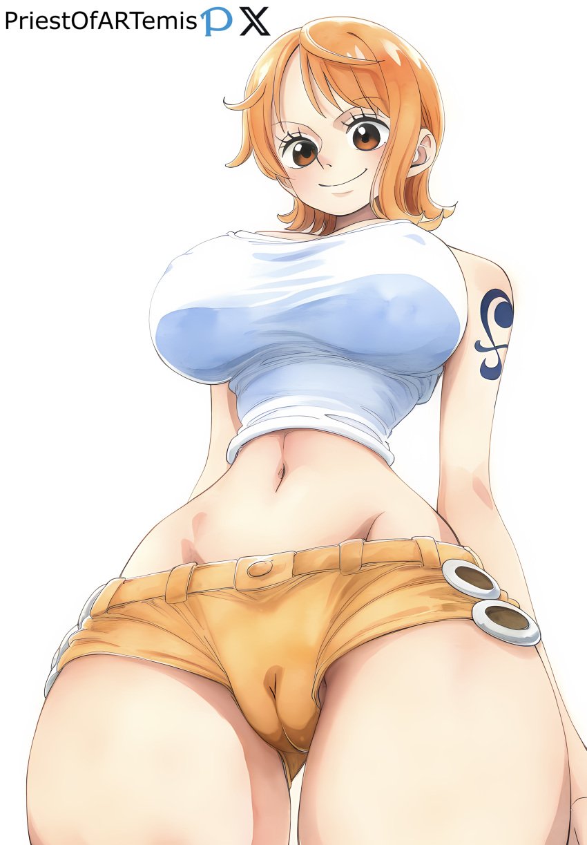 1girls ai_generated belly_button big_breasts brown_eyes cameltoe female female_only huge_breasts lowleg nami nami_(one_piece) narrow_waist one_piece orange_hair pre-timeskip priestofart short_hair shorts smile solo solo_female solo_focus tagme tagme_(artist) tagme_(character) tattoo tattooed_arm thick_thighs thin_waist wide_hips