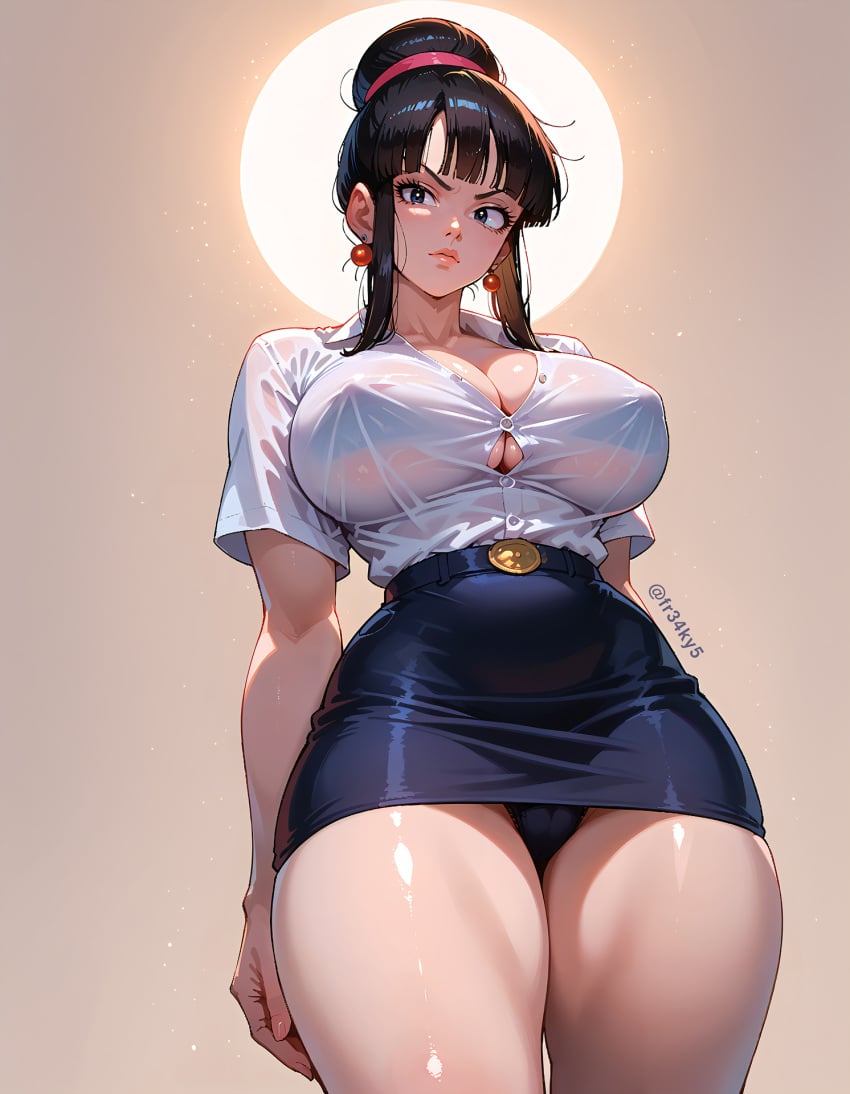 ai_generated button_gap chi-chi_(dragon_ball) dragon_ball dragon_ball_z fr34ky from_below hair_bun huge_breasts mature_female milf office_lady skirt thick_thighs white_shirt wide_hips