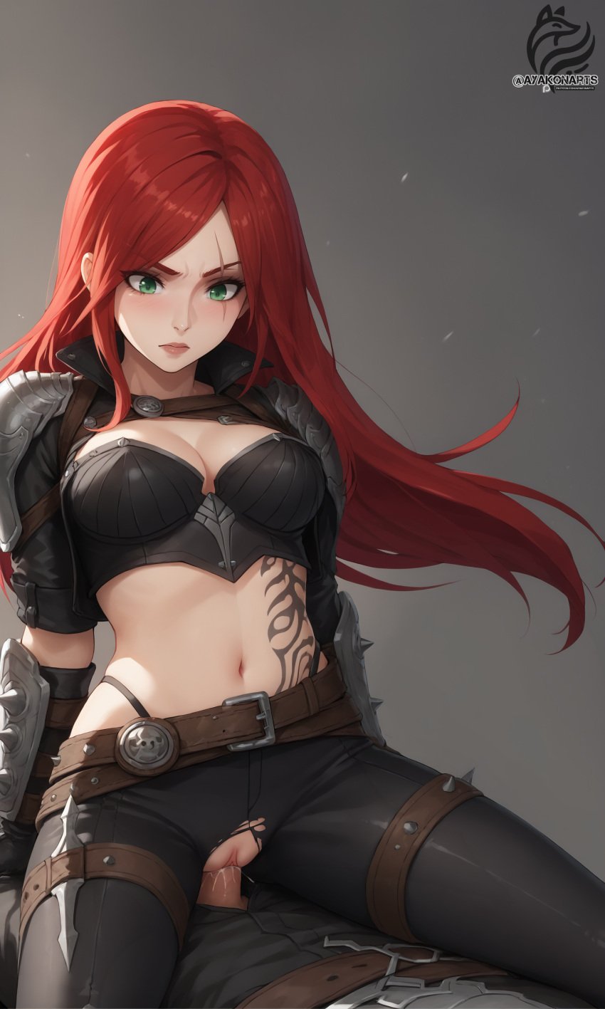 1boy 1girls ai_generated ayakonarts cowgirl cowgirl_position female female_focus green_eyes katarina_du_couteau league_of_legends red_hair sex solo_focus straight