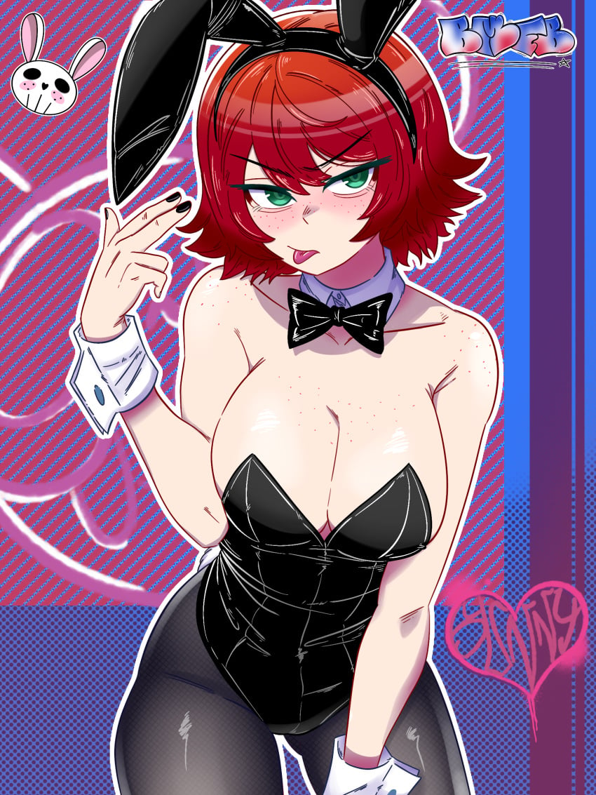 1girls bigmfbear black_nails blush bunny_ears bunnysuit female freckles freckles_on_breasts freckles_on_face freckles_on_shoulders green_eyes kim_pine nail_polish red_hair scott_pilgrim short_hair solo solo_female tongue_out