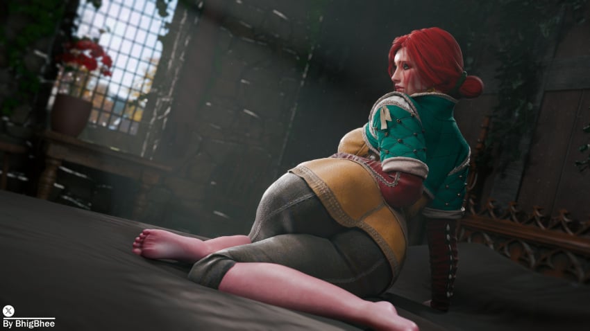 3d alternate_version_available ass ass_focus bed bhigbhee clothed clothing curvy double_bun earrings feet female female_only gold_(metal) hi_res highres hips jewelry looking_at_viewer makeup red_hair sitting sitting_on_bed solo the_witcher_(series) the_witcher_3:_wild_hunt thick_thighs triss_merigold voluptuous watermark