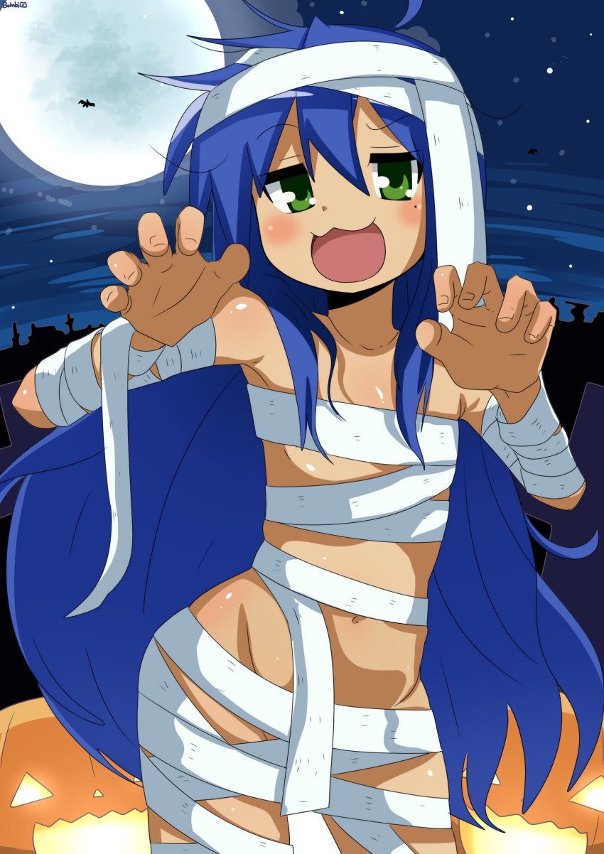 blue_hair busty busty_female flat_chest green_eyes konata_izumi lucky_star mummy mummy_costume tagme tagme_(artist)