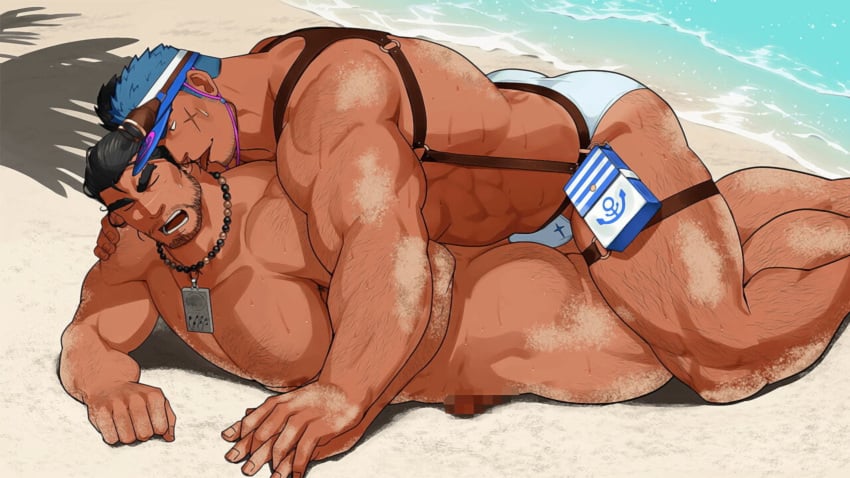 2boys abs arm_hair ass ass_hair bara beach bead_necklace beard_stubble beefy big_areola big_ass big_breasts black_hair blue_hair bubble_butt bulge bulge_through_clothing cap censored censored_penis chest_hair closed_eyes completely_nude crave_saga cross_scar daddy dat_ass dilf erection erection_under_clothes frown g-string gay goggles goggles_on_head grabbing_shoulders hairy hi_res holding_hands imminent_anal imminent_penetration imminent_sex leg_hair licking licking_neck long_hair looking_at_partner lying lying_on_person lying_on_stomach male male/male male_only manly mature_male mosaic_censoring muscles muscular muscular_arms muscular_ass muscular_back muscular_legs muscular_male muscular_thighs mustache_stubble necklace open_mouth pecs plump_ass ponytail pouch sakuramaru123 sakuramarusan sand sand_on_skin scar scar_on_face scar_on_nose seaside short_hair spread_legs straps sweat sweatdrop thick_arms thick_eyebrows thick_thighs tongue_out topless tough_guy v-shaped_eyebrows