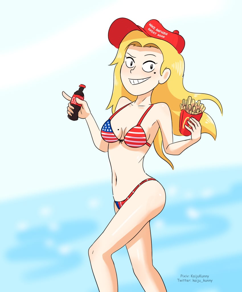 american_flag_bikini amphibia beach bikini blonde_female coca-cola curvy_figure kaijukunny looking_at_viewer maga_hat mcdonald's mole_on_breast sasha_waybright smile