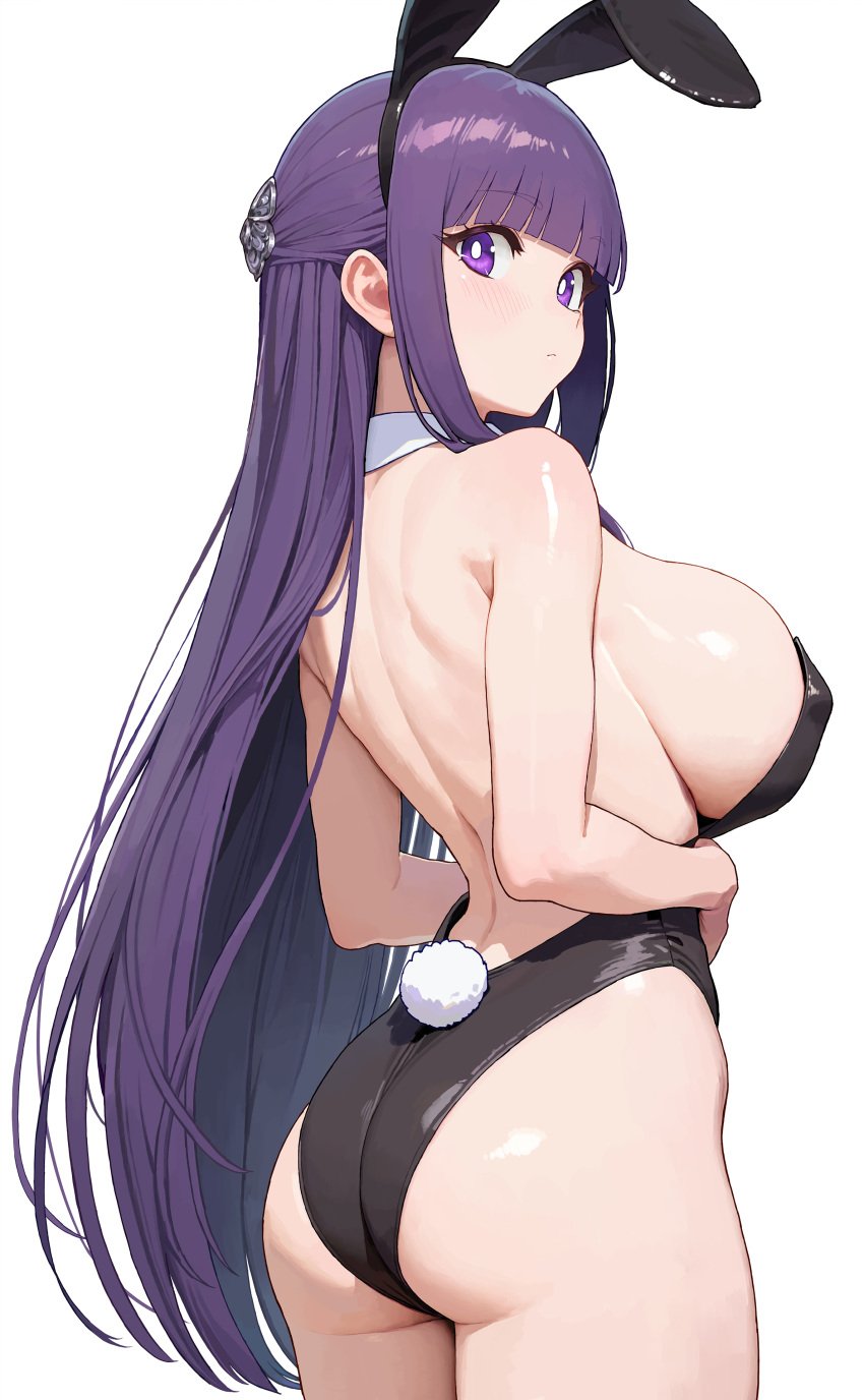 1girls absurdres alternate_costume animal_ears ass back bare_shoulders black_leotard blunt_bangs blush breasts bright_pupils closed_mouth cowboy_shot fake_animal_ears fake_tail fern_(sousou_no_frieren) half_updo highres large_breasts leotard light_blush long_hair looking_at_viewer playboy_bunny purple_eyes purple_hair rabbit_ears rabbit_tail raiden_(kdsn3783) sideboob simple_background solo sousou_no_frieren straight_hair strapless strapless_leotard tail very_long_hair white_background white_pupils