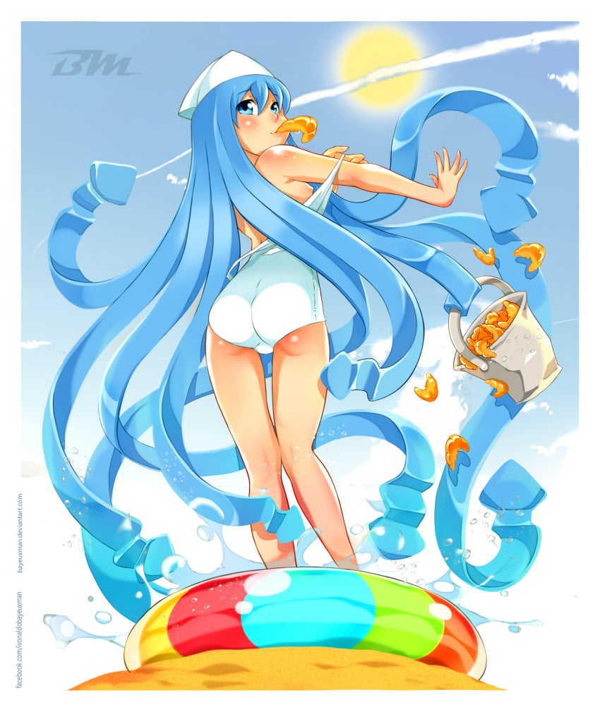 ass bayeuxman blue_eyes blue_hair blush body_blush breasts female food hat highres ikamusume long_hair nipples older one-piece_swimsuit outdoors shinryaku!_ikamusume shrimp sideboob smile solo standing strap_pull swimsuit tentacle_hair undressing water white_swimsuit