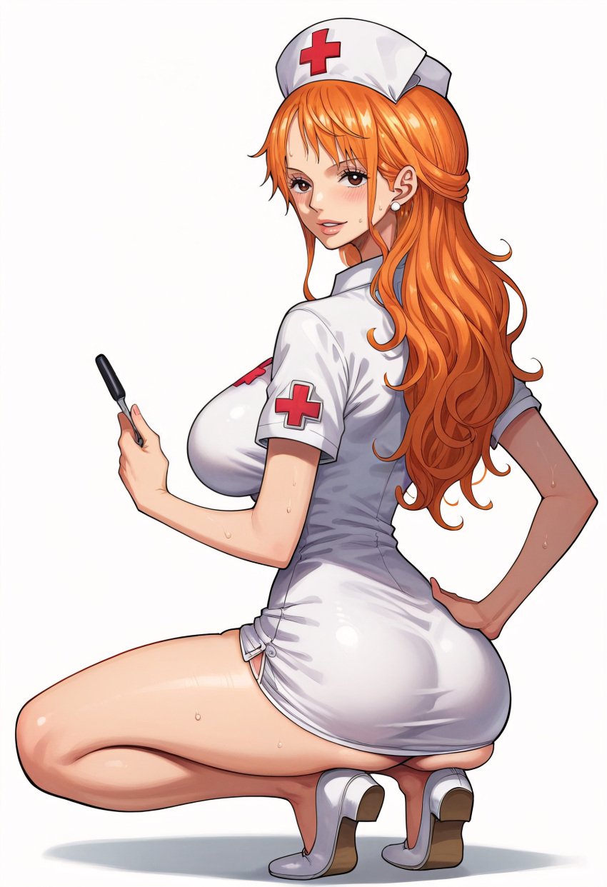 ai_generated alluring almost_naked almost_nude ass big big_breasts blush breasts brown_eyes female female_only long_hair looking_at_viewer nami nami_(one_piece) one_piece orange_hair seductive_pose sexy_nurse swimsuit white_clothes z4zt3l4 zaztela