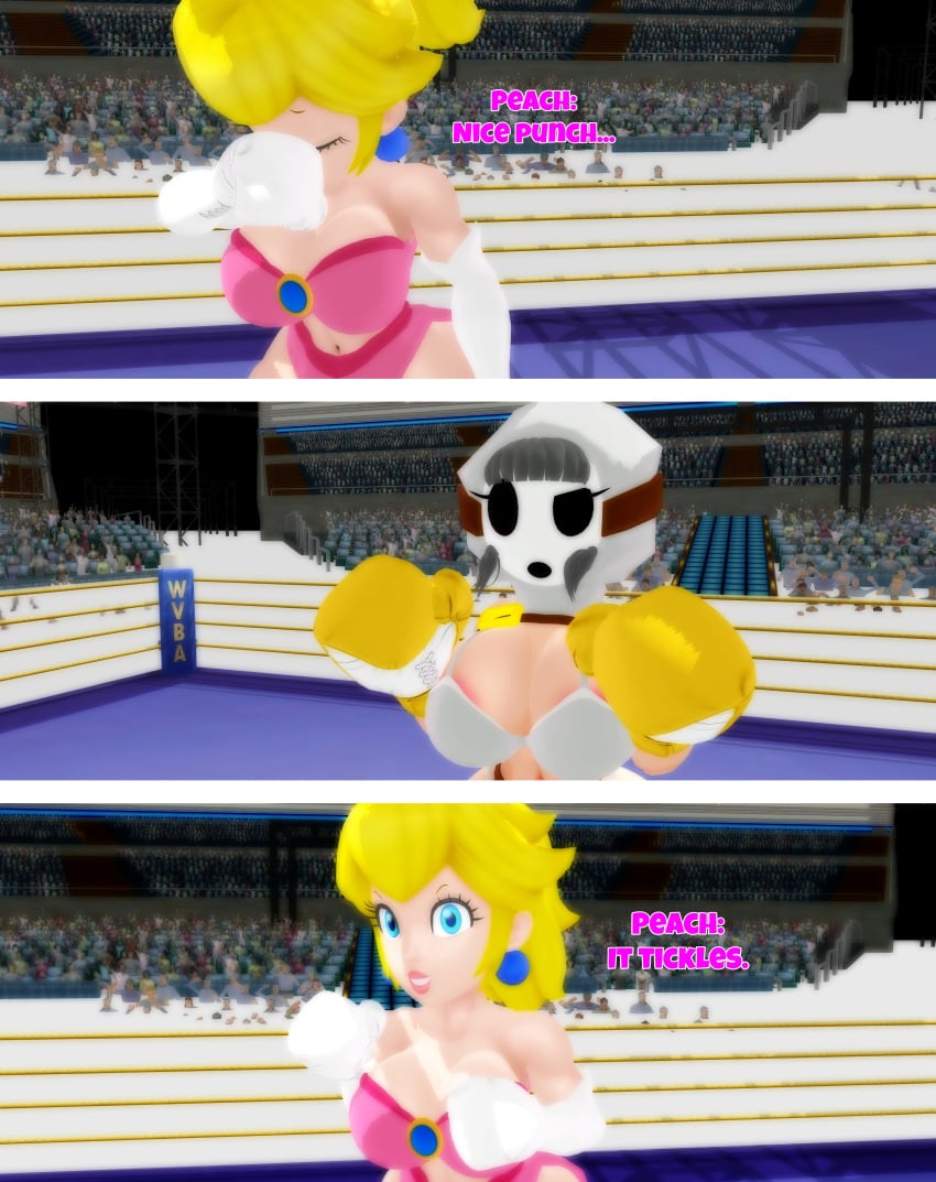 2girls 3_panels 3d 3d_(artwork) arena belt big_breasts big_thighs black_hair blonde_hair blue_eyes boxing boxing_gloves boxing_match boxing_ring bra breasts catfight cleavage crown curvy doyle44 duo earrings elbow_boxing_gloves elbow_gloves english english_text female female_focus female_only fight fighting fighting_ring gloves indoors light-skinned_female light_skin lips lipstick mario_(series) mask nintendo part_of_a_set pink_lipstick ponytail princess_peach ryona serious shy_gal shy_gal_white smirk strapless_bra text thick_hips thong tied_hair white_boxing_gloves white_gloves yellow_boxing_gloves yellow_gloves