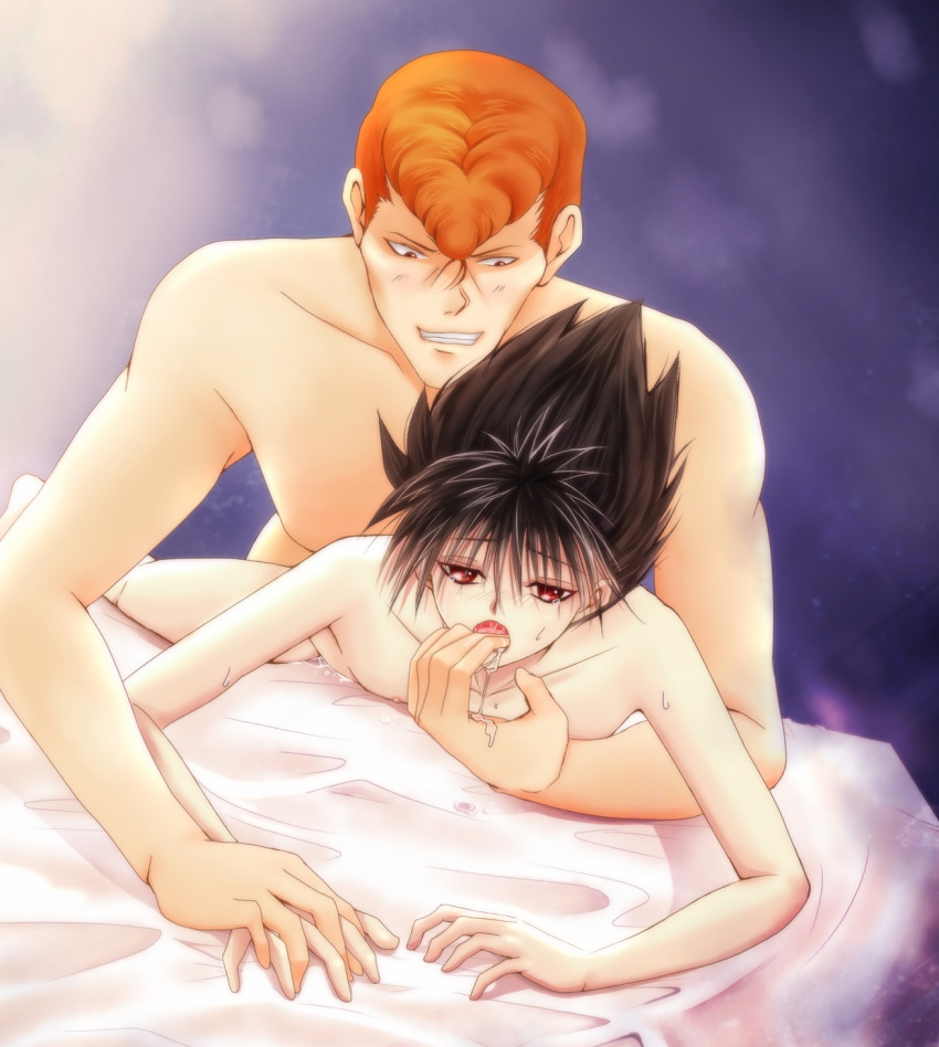 2boys black_hair black_hair_bottom crying_with_eyes_open domination duo erect_nipples fingers_in_mouth gay hiei holding_hand implied_anal implied_sex kuwabara_kazuma larger_male light_hair_on_dark_hair male male/male male_only mouth_hold nude orange_hair red_eyes red_hair red_hair_on_black_hair red_hair_top saliva size_difference tears uncensored yaoi yu_yu_hakusho