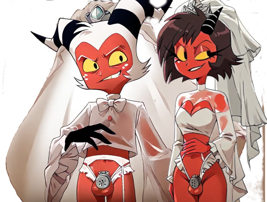 1boy 1futa ai_assisted ai_generated chastity chastity_cage chastity_device futanari helluva_boss male millie_(helluva_boss) moxxie_(helluva_boss) mutual_chastity tagme wedding_dress