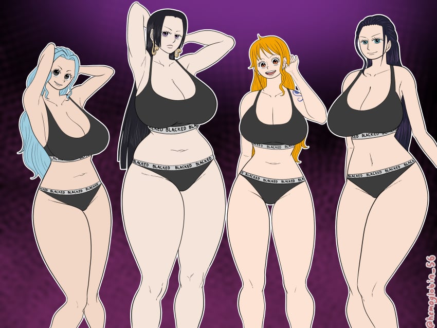 2024 2d 2d_(artwork) 4girls anime big_breasts blacked blacked_clothing boa_hancock breasts clothed clothed_female female female_only front_view hemoglobin_56 light-skinned_female light_skin looking_at_viewer manga nami nami_(one_piece) nefertari_vivi nico_robin one_piece underwear