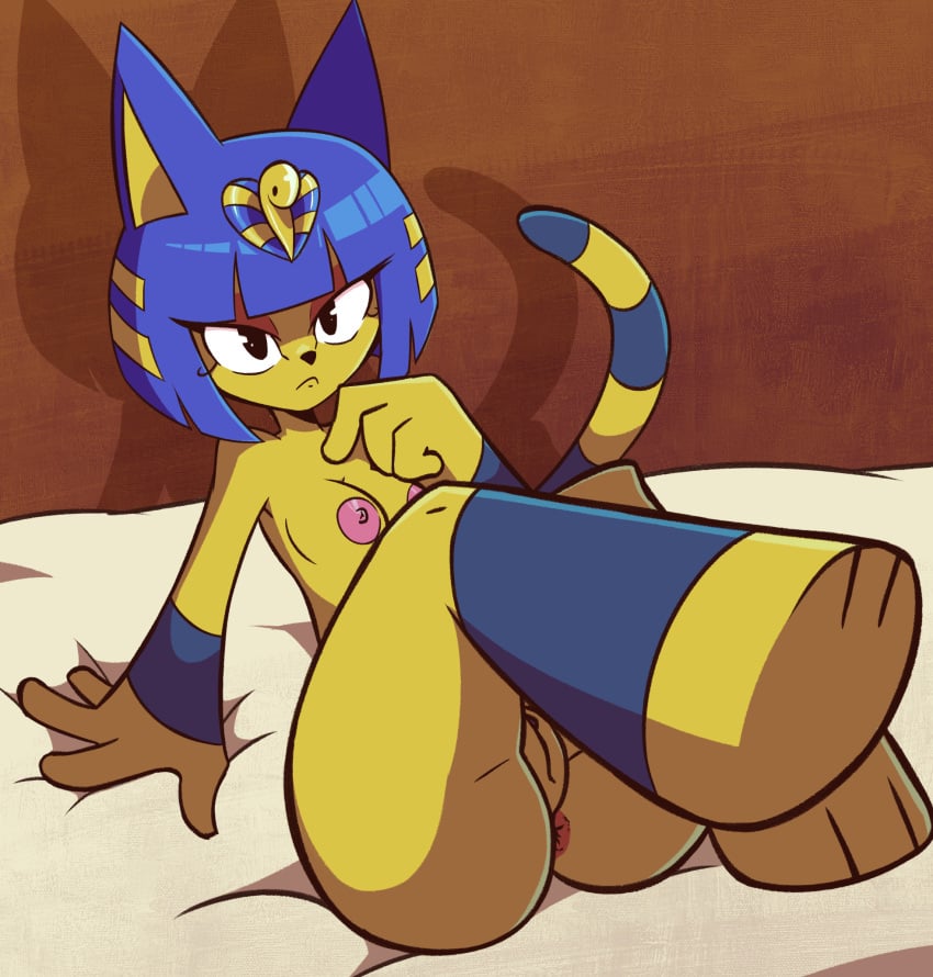 animal_crossing ankha_(animal_crossing) anthro ass bed big_butt blue_hair breasts digital_media_(artwork) domestic_cat felid feline felis female furniture genitals hair hi_res looking_at_viewer lying mammal nintendo nipples nova_rain nude on_bed pussy simple_background solo tail uraeus yellow_body