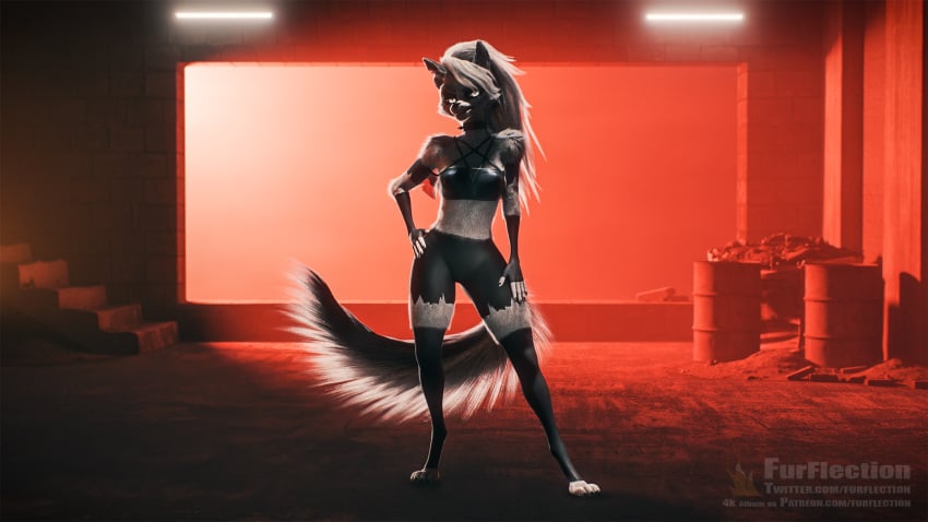 16:9 3d_(artwork) anthro black_clothing black_panties black_underwear breasts canid canid_demon canine canis clothed clothing collar demon digital_media_(artwork) female fluffy fluffy_tail fur furflection glowing glowing_eyes hair hellhound helluva_boss hi_res legwear long_hair loona_(helluva_boss) mammal mythological_canine mythological_creature mythology panties red_sclera solo spiked_collar spikes standing tail thigh_highs underwear white_body white_fur white_hair widescreen wolf