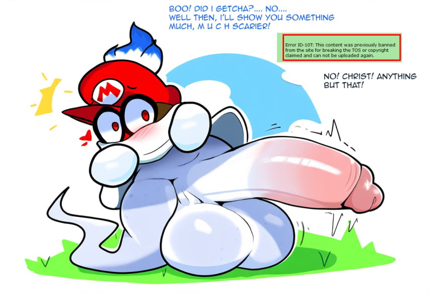 ai_generated anthro ass balls big_balls big_penis blush cappy_(mario) clothing covering_mouth erection genitals hat headgear headwear heart hellsonger hi_res huge_balls huge_cock humanoid_genitalia humanoid_penis hyper hyper_genitalia hyper_penis male mario_(series) mario_bros nintendo penis simple_background solo super_mario_odyssey text