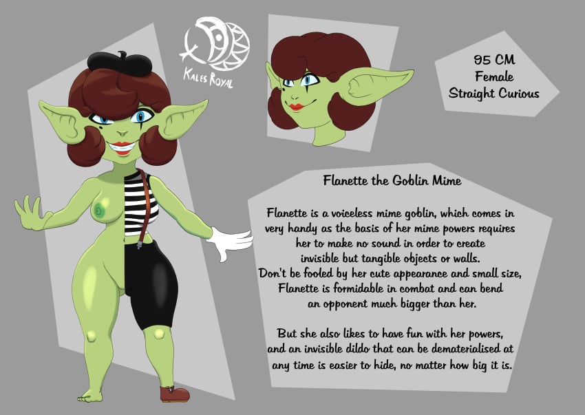 big_breasts blue_eyes brown_hair dressed goblin goblin_female green_body green_skin kalesroyal mime mime_girl mime_hat naked reference_image reference_sheet shortstack