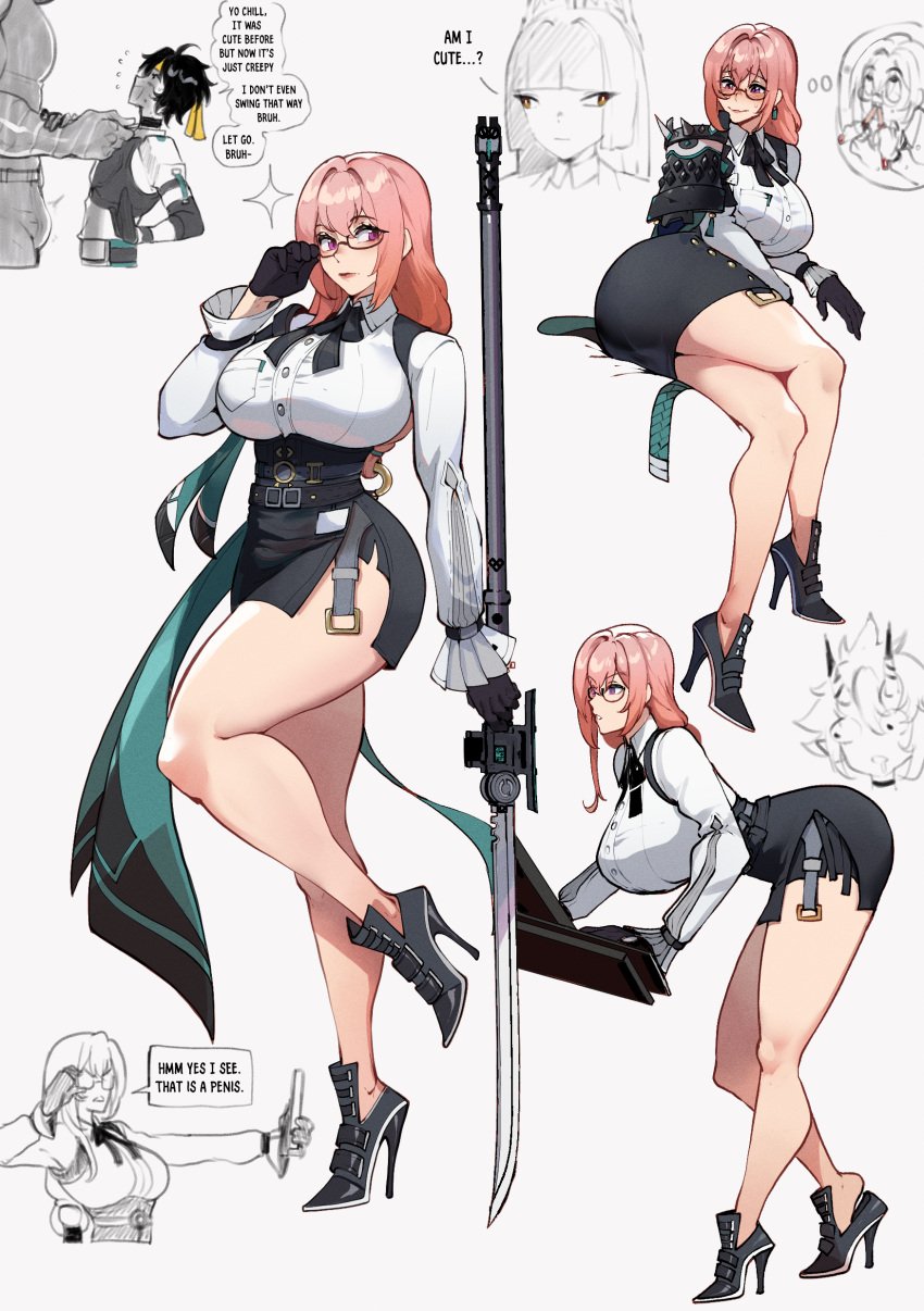 1girls asaba_harumasa ass bending_over breasts choker dialogue english_text fully_clothed glasses gloves heels high_heels hoshimi_miyabi krekkball large_ass large_breasts office_clothing office_lady pink_hair polearm purple_eyes skirt soukaku text thiccwithaq thick_thighs thighs tsukishiro_yanagi zenless_zone_zero