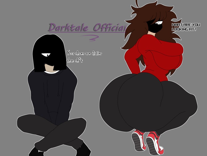 arms_on_breasts big_ass big_breasts big_butt black_eyes black_face black_hoodie black_leggings black_shoes brown_hair bubble_butt darktale english english_dialogue english_text jordans leggings messy_hair monster_girl no_mouth oc pale_skin red_sweater sitting squatting vulgar white_shirt wide_hips