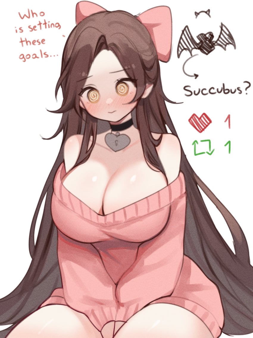 1girls big_breasts breasts brown_hair choker english_text female female_focus female_only heart_choker hips indie_virtual_youtuber long_hair long_sleeves looking_at_viewer sky_(skyaboveme) skyaboveme text thick_thighs thighs very_long_hair virtual_youtuber white_background yellow_eyes