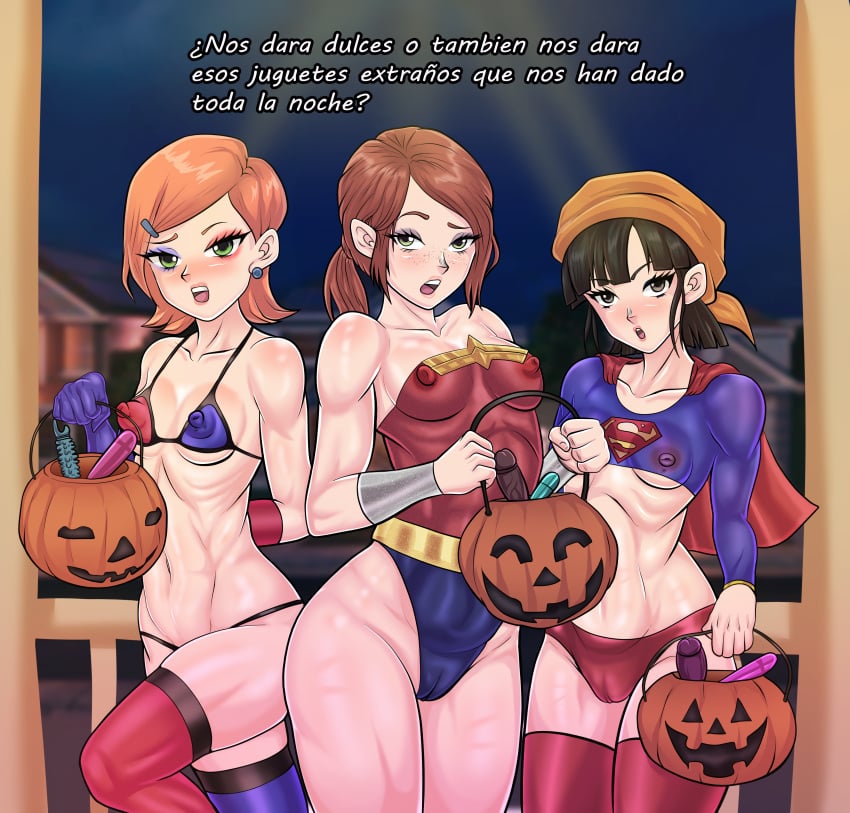 3girls arm_behind_back bandana bare_shoulders ben_10 black_eyes black_hair blue_legwear blue_underwear blush breasts brown_hair bucket cameltoe cosplay crossover dc dildo dragon_ball dragon_ball_gt earrings elbow_gloves ellie_(the_last_of_us) ellie_williams erect_nipples español eyeshadow female female_only female_with_female flat_chest flat_chested flat_n_thick freckles gloves green_eyes gwen_tennyson hairclip halloween harley_quinn_(cosplay) holding_object legwear light-skinned_female light_skin naive nipple_bulge oblivious octorock777 orange_hair pan_(dragon_ball) panties ponytail pumpkin pumpkin_bucket pussy red_legwear red_underwear see-through see-through_clothing sex_toy short_hair small_breasts spanish_text stockings supergirl_(cosplay) the_last_of_us thighhighs translation_request underwear very_young_girl wonder_woman_(cosplay) young young_female young_girl young_woman younger_female