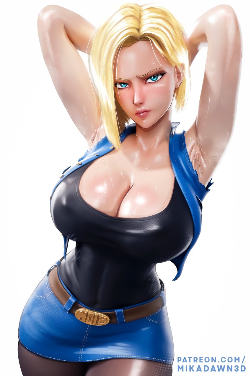 3d android android_18 armpits arms_up big_breasts blonde_hair dragon_ball dragon_ball_super dragon_ball_z huge_breasts looking_at_viewer mikadawn sweat sweatdrop sweaty