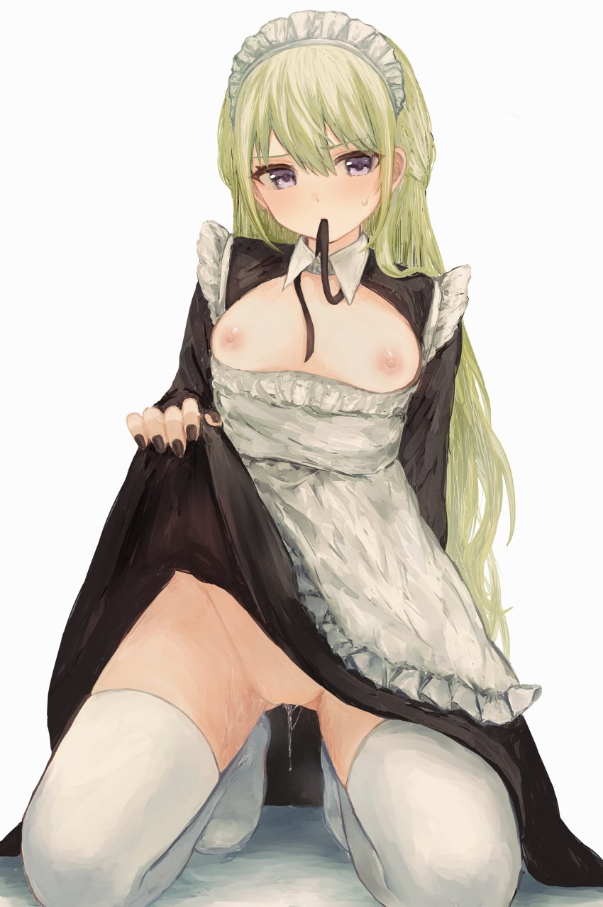 absurdres apron black_dress black_nails black_ribbon blonde_hair blush breasts breasts_out clothes_lift commentary_request dress dress_lift female frills full_body green_hair hair_between_eyes highres kneeling kusanagi_nene lifting_own_clothes long_hair long_sleeves looking_at_viewer maid maid_apron maid_headdress medium_breasts mouth_hold nail_polish nipples no_panties no_shoes project_sekai purple_eyes pussy pussy_juice ribbon simple_background skirt skirt_lift small_breasts solo thighhighs user_ypys5824 white_apron white_background white_thighhighs