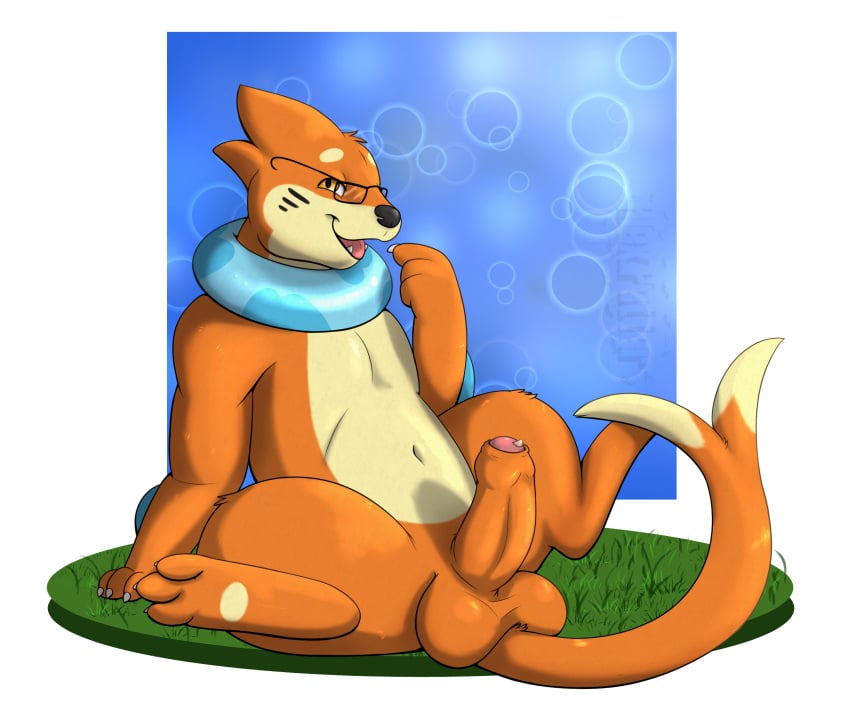 alex.fetter anthro balls buizel dylan_(dylanthebuizel) erection eyewear foreskin fur generation_4_pokemon genitals glasses hi_res humanoid_genitalia humanoid_penis male nintendo orange_body orange_eyes orange_fur penis pokemon pokemon_(species) presenting semi-anthro solo tan_body tan_fur