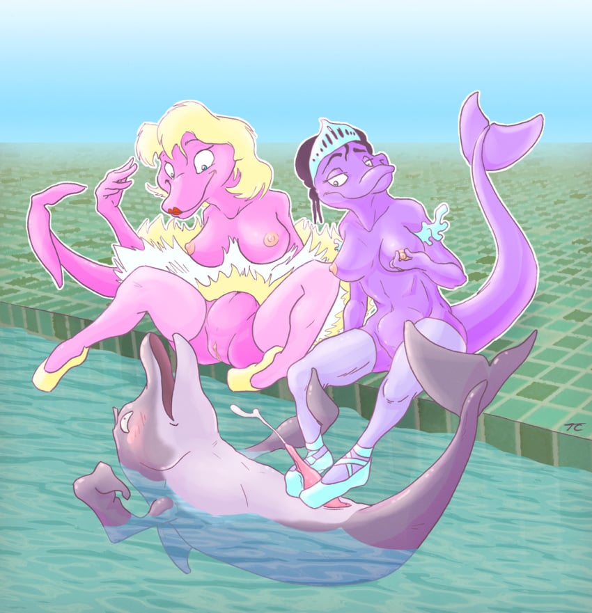 1boy 2girls animal_genitalia animancer anthro anthro_on_feral ballerina ballet_dress ballet_slippers blonde_hair blue_eyes blush breasts cetacean cetacean_penis clothed clothing coronet crown cum cumshot dolphin dress ejaculation eye_roll female feral flats foot_fetish footjob footwear genital_slit half-dressed leg_grab legwear lipstick lying male mammal marine multiple_girls nipple_grab nipple_tweak on_back open_mouth orgasm partially_submerged penis poolside pussy sex shoes sitting slit smile straight tapering_penis thigh_highs topless tutu white_dress wide_hips yellow_dress yellow_shoes zoophilia