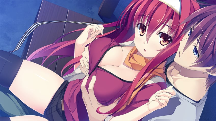 belt bench blue_eyes blush breast_grab breasts brown_hair cleavage clenched_hands female game_cg headband highres juukishi_cutie_bullet large_breasts legs long_hair looking_at_another looking_at_viewer minami_mayu open_mouth ponytail red_eyes red_hair scarf short_hair short_shorts shorts sitting sitting_on_person thighhighs thighs tied_hair yuuki_hagure