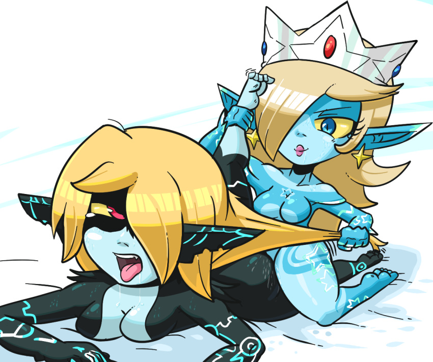 2girls artist_request blonde_hair blue_eyes breasts crossover crown female female_only hair imp imp_midna imp_rosalina lips mario_(series) midna multiple_girls nintendo open_mouth princess_rosalina red_eyes sex species_swap sweat the_legend_of_zelda thick_thighs tribadism twilight_princess video_games yellow_sclera yuri