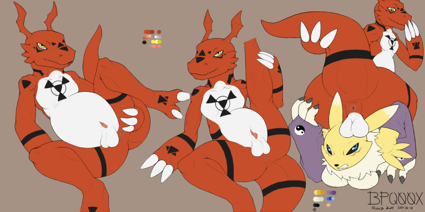 anthro anus balls balls_on_head bpq00x breasts canine color_swatch digimon duo female flat_colors fox guilmon looking_at_viewer male mammal multiple_poses multiple_views naughty_face one_leg_up penis penis_tip pose presenting raised_tail renamon sagging_balls scalie sheath solo_focus struggling trap