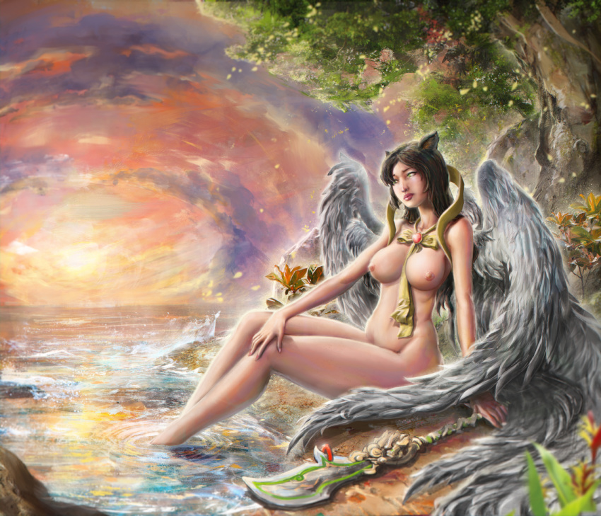 angel animal_ears black_hair breasts female large_breasts long_hair nipples nude paulo_barrios sitting solo sunset wings