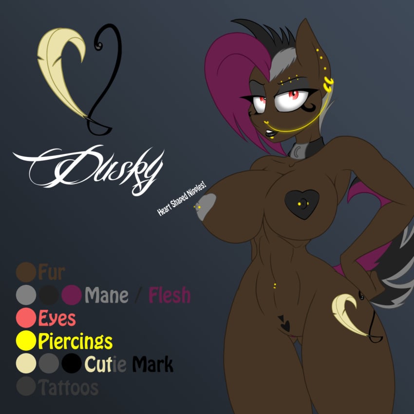 2014 2015 abs anthro anthrofied big_breasts black_hair black_lipstick breasts collar cutie_mark dusky_(oc) ear_piercing earth_pony equine eyeshadow fan_character female gold_(metal) grey_hair hair hand_on_hip heart-shaped_nipples heart_nipples horse jrvanesbroek licpstick makeup mammal model_sheet multicolored_hair my_little_pony navel nipple_piercing nipples nude piercing pony purple_hair pussy red_eyes solo standing tattoo wide_hips