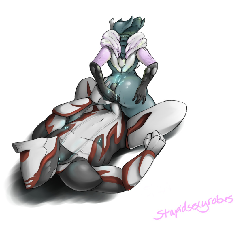 1boy 1girls ass blue_cum buttjob cum excalibur_(warframe) female femdom male penis saryn_(warframe) straight stupidsexyrobes warframe