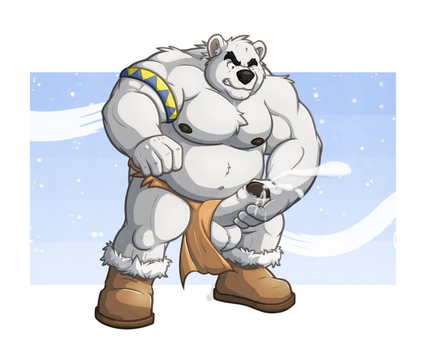 1boy almasy anthro balls bear booth border clothing erection front_view furry furry_only humanoid_penis loincloth loincloth_aside male male_only mammal masturbation musclegut muscles navel nipples one_eye_closed partially_retracted_foreskin pecs penis polar_bear snow solo