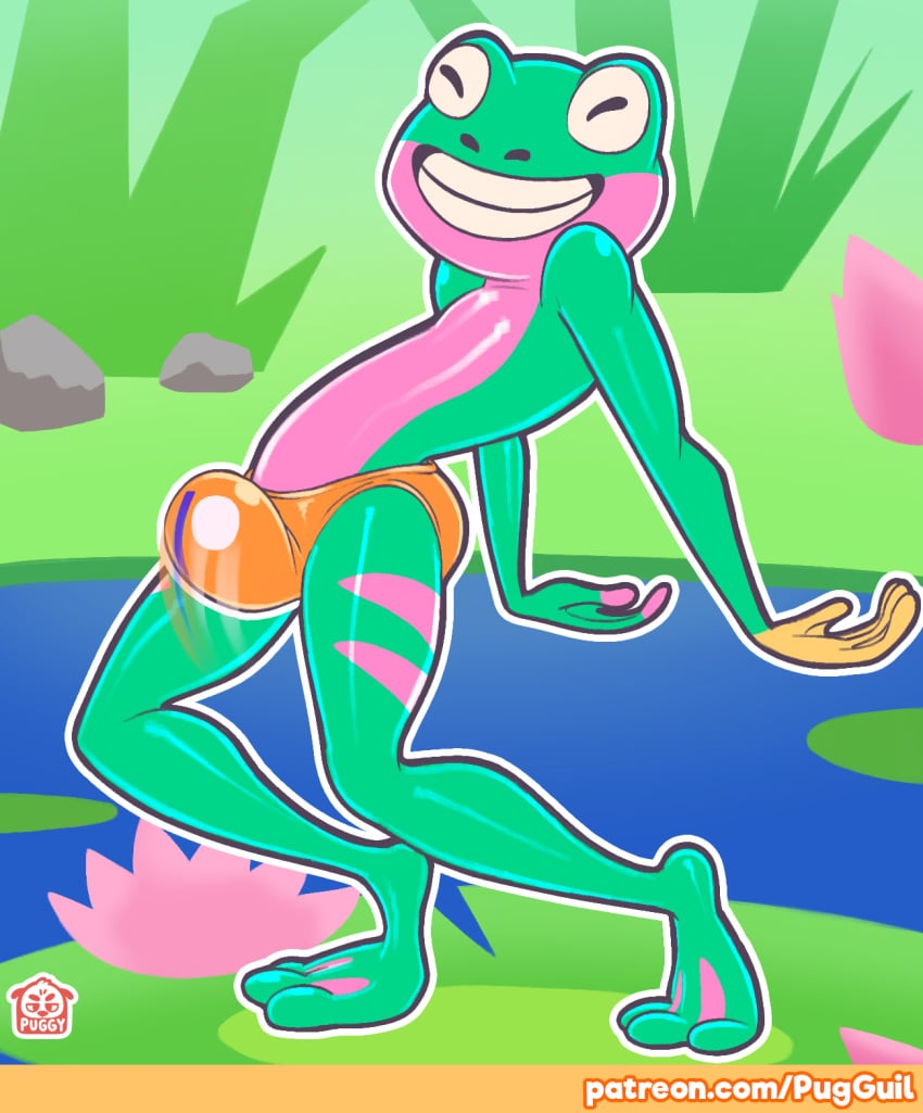 2019 amphibian anthro barefoot bulge closed_eyes clothing dame_tu_cosita dancing frog green_body green_skin just_dance lake lily_pad male male_only membrane_(anatomy) meme mostly_nude outside patreon pelvic_thrust pink_body pink_skin plant puggy smile solo speedo swimwear teeth ubisoft video_games water webbed_feet