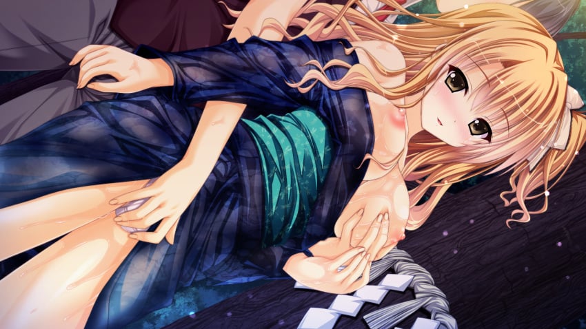 1boy blonde_hair blush bow breast_grab breasts brown_eyes clothing ecchi_de_hentai!_yakimochi_ojou-sama!! female fingering fingering_from_behind from_behind goma_satoshi grabbing grabbing_from_behind highres japanese_clothes kimono kurusugawa_alice long_hair looking_back off_shoulder panties pussy_juice side_ponytail smile straight sweat tree underwear wavy_hair yukata