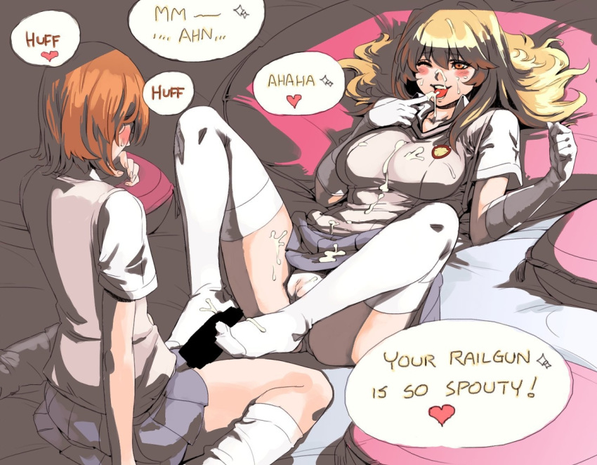 2girls archvermin blonde_hair blush breasts brown_hair censored cum cum_on_body cum_on_breasts cum_on_lower_body cum_on_upper_body elbow_gloves english facial feet footjob futa_with_female futanari gloves gradient_background hair intersex kneehighs long_hair loose_socks lying misaka_mikoto multiple_girls no_shoes on_back one_eye_closed open_mouth orange_eyes panties school_uniform schoolgirl shokuhou_misaki short_hair sitting skirt socks teenage_futa teenage_girl teenager teenager_on_teenager thigh_socks thighhighs to_aru_kagaku_no_railgun to_aru_majutsu_no_index tokiwadai_school_uniform underwear wariza white_gloves white_legwear white_socks young