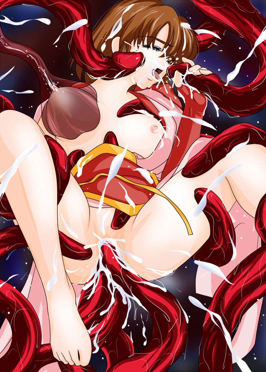 amatsu_mai barefoot breasts brown_hair female multiple_insertions nipples penetration sex short_hair tentacle twin_angels vaginal_penetration