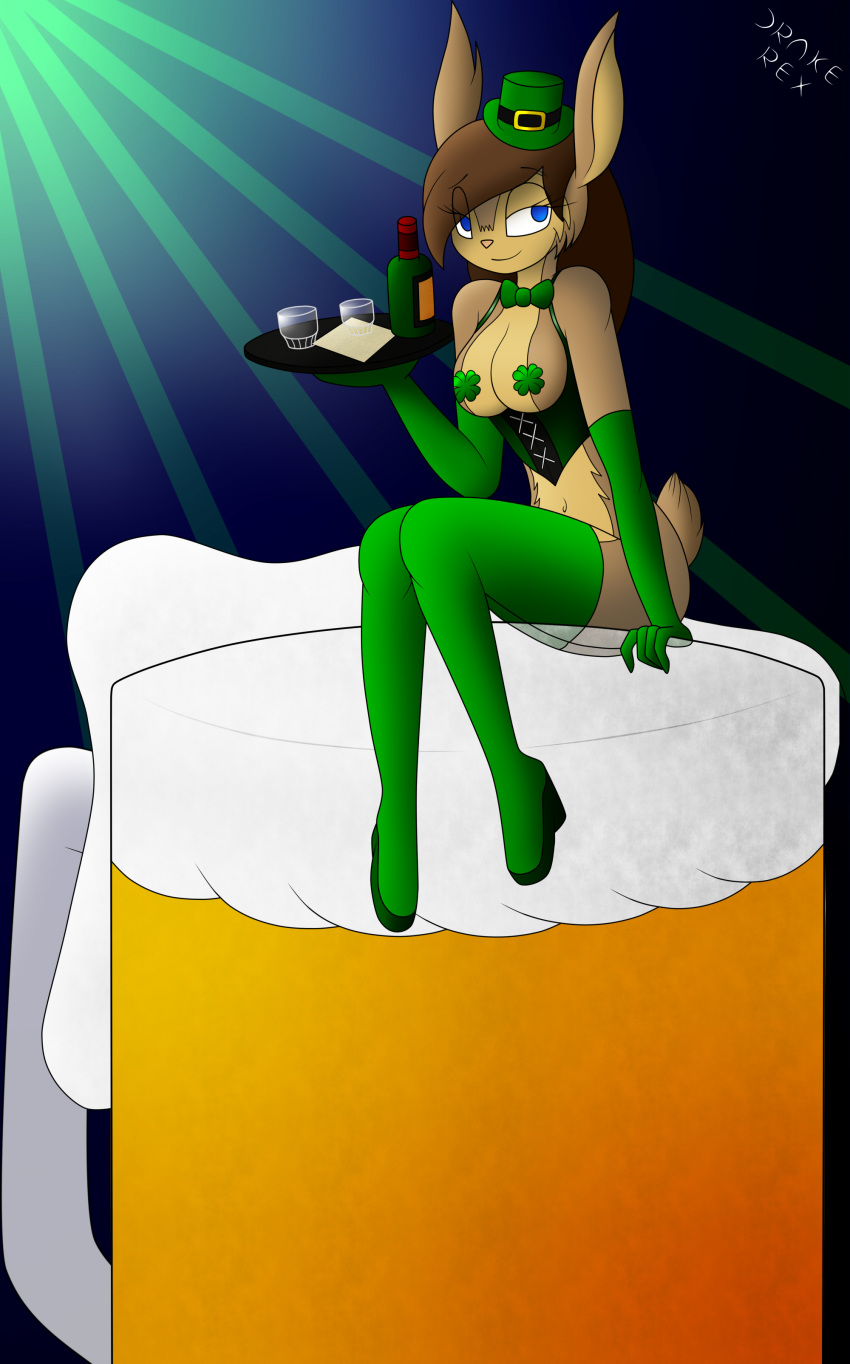 alcohol anthro beer beverage blue_eyes bow_tie breasts brown_fur brown_hair clothed clothing clover drakerex female food fur gabbslines hair hair_bun half-closed_eyes hare lagomorph long_hair mammal micro pastries pink_nose rabbit sitting skimpy solo st._patrick's_day