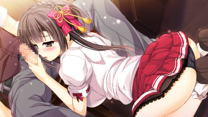 1boy ass black_panties blush braid brown_eyes brown_hair censored cum dutch_angle ecchi_de_hentai!_yakimochi_ojou-sama!! female game_cg hair_ornament handjob highres kneeling lace-trimmed_skirt long_hair looking_at_another mosaic_censoring open_mouth panties penis penis_awe school_uniform shinomori_kazuha sitting skirt tied_hair underwear yoshi_hyuuma