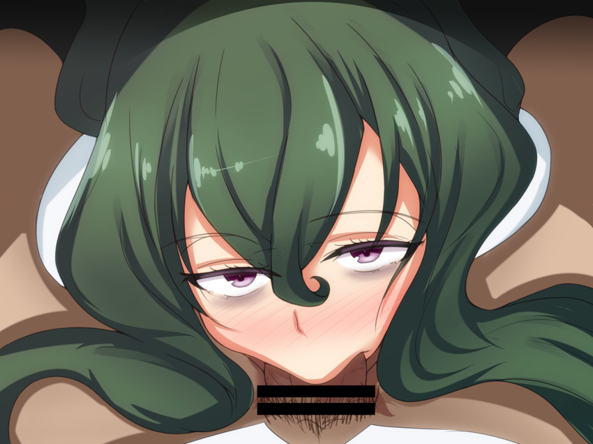 :>= absurdres bags_under_eyes bangs blush censored close-up dark-skinned_male ebon_umax fellatio female fuwa_hyouka green_hair highres long_hair looking_at_viewer oral pov pubic_hair purple_eyes shimoneta_to_iu_gainen_ga_sonzai_shinai_taikutsu_na_sekai