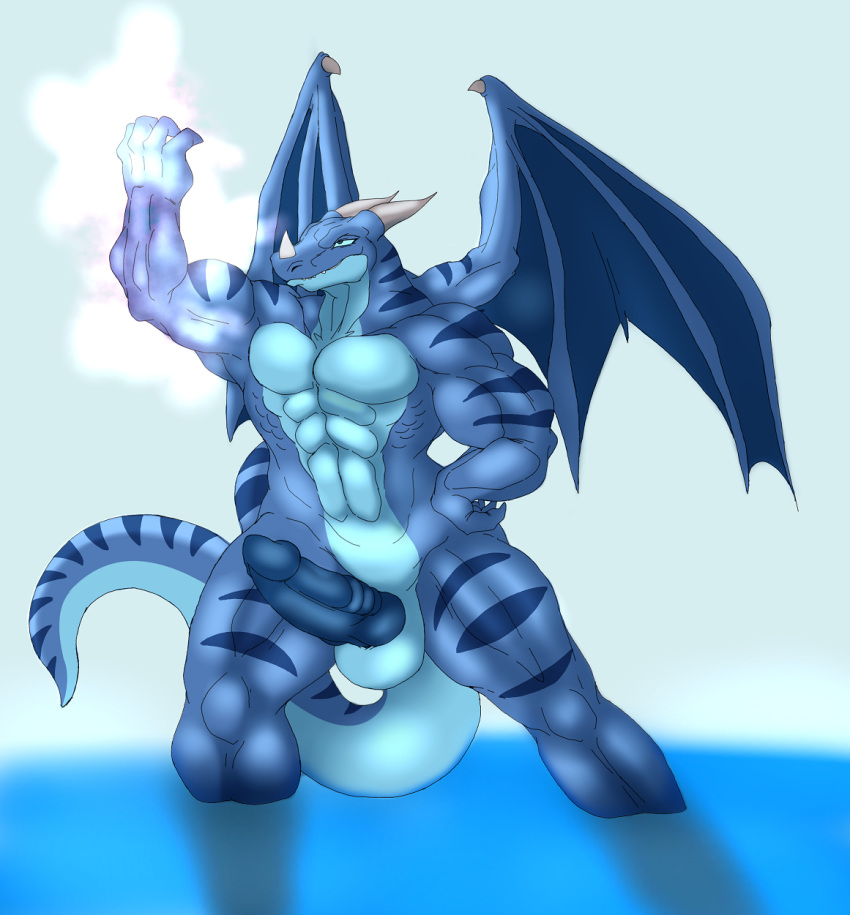 abs anthro balls big_penis blue_scales dark-moltres dragon glowing humanoid_penis magic magic_user male male_only muscles penis pose scalie simple_background tabra water white_background wings