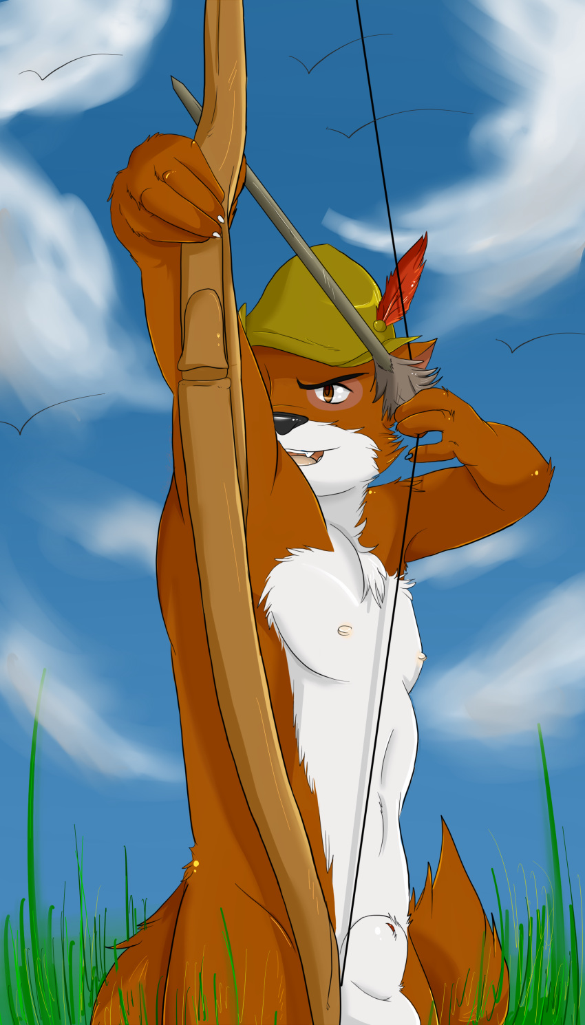 1boy aiming anthro archer archery arrow balls barely_visible_genitalia bow canine cloudscape disney fox fur hat low-angle_shot male male_only mammal nipples nude open_mouth penis penis_tip perspective robin_hood_(character) robin_hood_(disney) sheath sky solo standing stripes-the-raccoon testicles