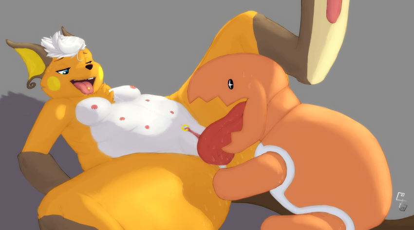 ambiguous_gender anthro chubby cuddlebutt cunnilingus duo female licking multi_nipple nintendo nipples oral penetration piercing pokemon pokemon_(species) pussy raichu sex sweat tongue tongue_out trapinch vaginal_penetration video_games