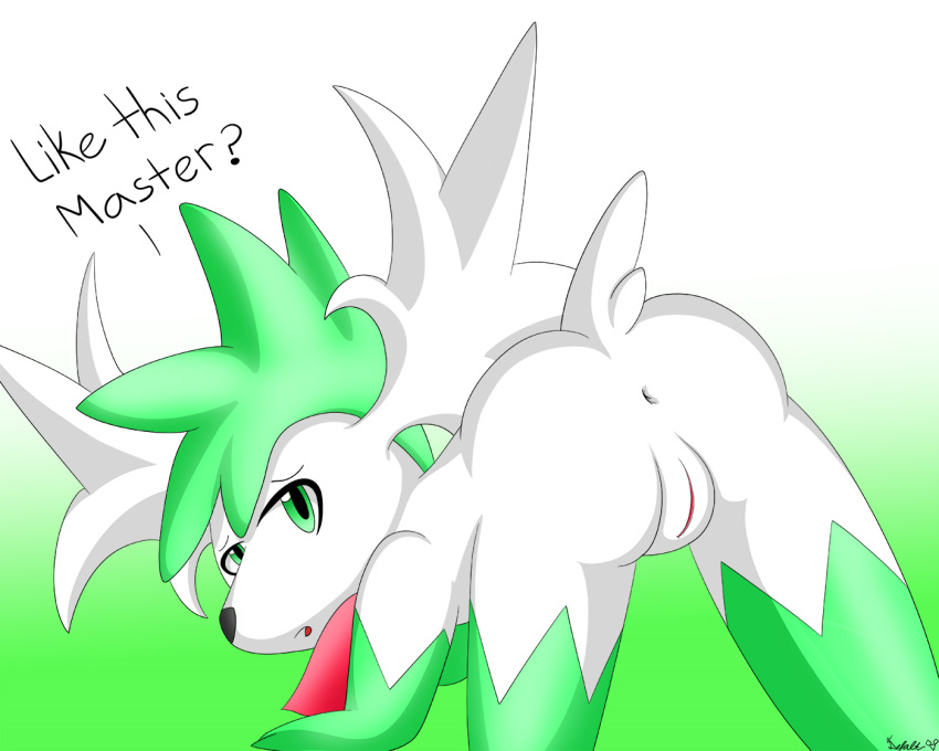 anus defalt female feral fur gradient_background green_hair hair happy legendary_pokemon looking_at_viewer mammal nintendo open_mouth pokemon pokemon_(species) pussy shaymin shaymin_(sky_form) simple_background solo teasing text video_games white_fur