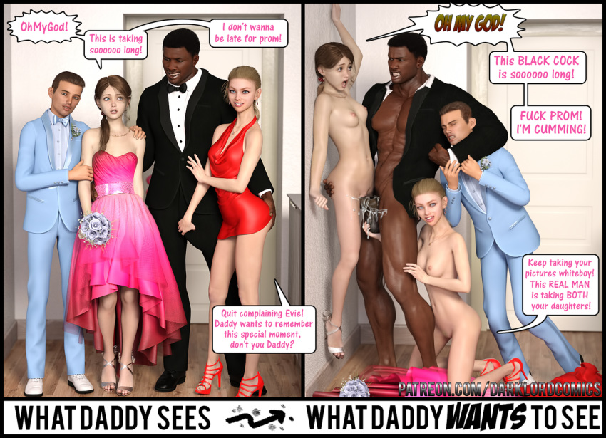 2boys 2girls 3d against_wall big_penis blonde_hair cum_in_pussy dark-skinned_male dark_skin darklord english_text fantasizing female interracial male nude text vaginal_penetration