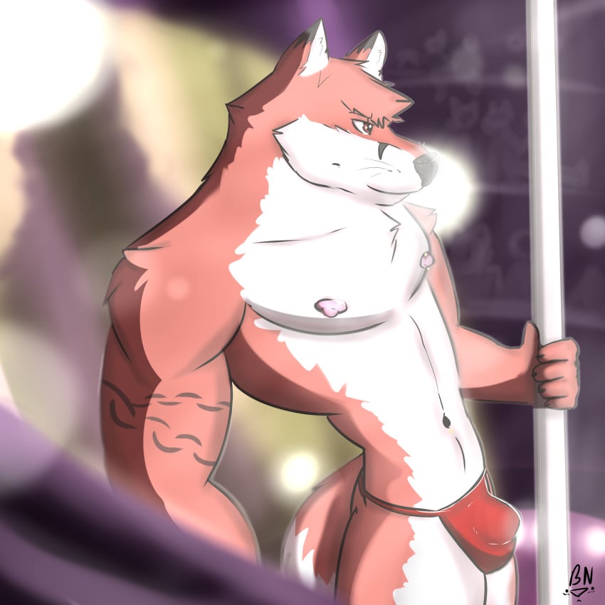 bitnarukami canine clothed clothing fox male male_only mammal muscles nipple_piercing nipples piercing