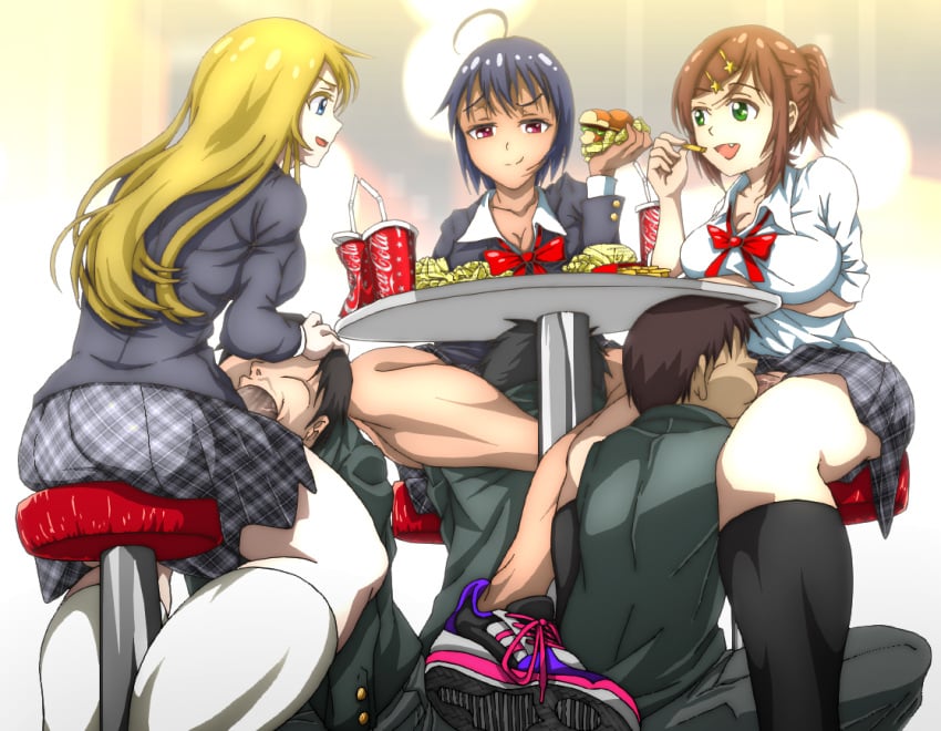 3boys 3futas blonde_hair blue_hair brown_hair fast_food fellatio futa_on_male futadom futanari hair intersex malesub muchin multiple_boys multiple_girls nightingale_(extinct_canis) oral ribbons short_hair sneakers socks straight under_the_table